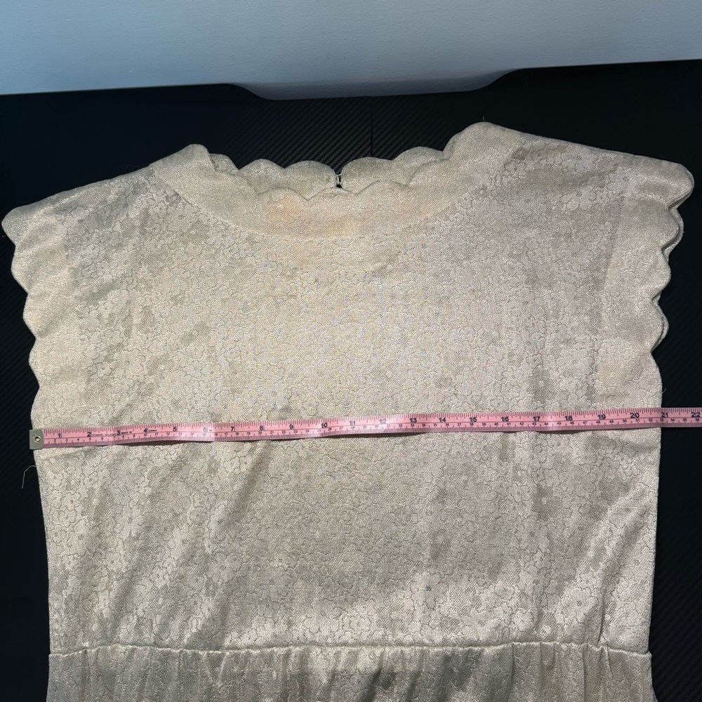 💚 Vintage Sage Green Sheer Jacquard Belted Midi Dress Scalloped Neck - Picture 11 of 14